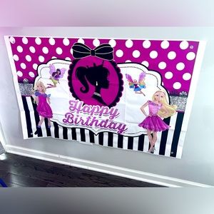 Barbie doll theme backdrop , HBD banner, cupcake toppers, cake topper